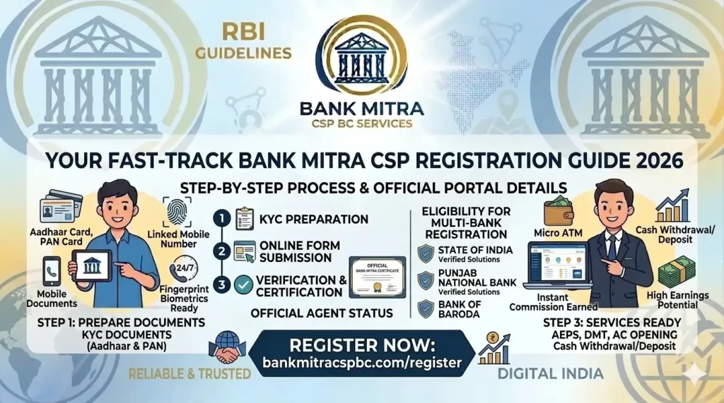Detailed online Bank Mitra CSP registration guide and portal process 2026